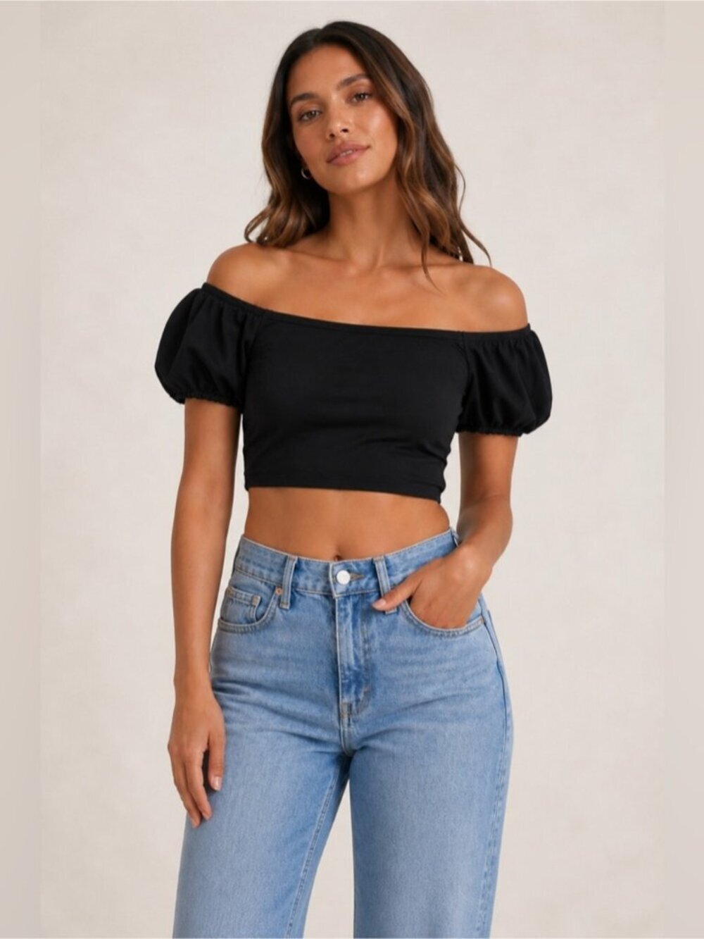 Knix Black Puff Sleeve Crop Top | Off-Shoulder Stretch Top | Size L